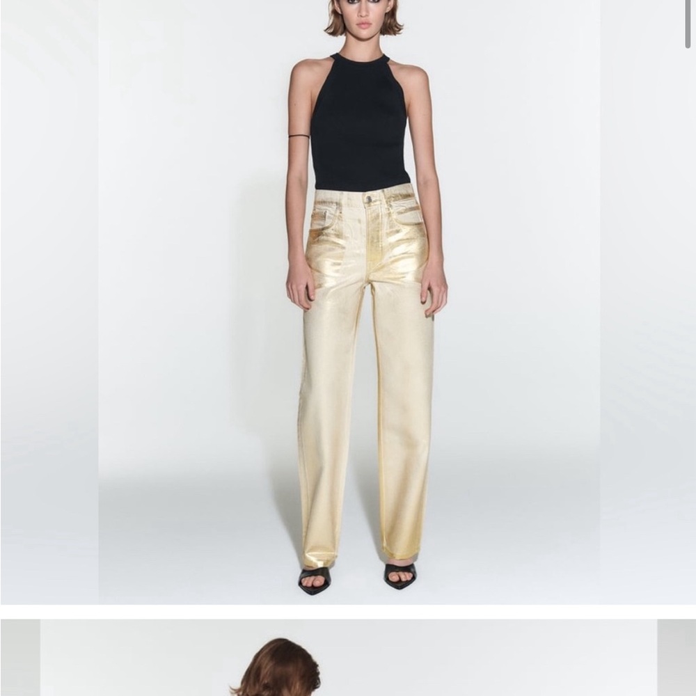 Zara Gold Foil Metallic The Boy Fit Midrise Boyfriend Jeans size 8
